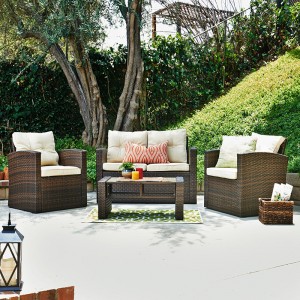 Rattan 4pcs Σετ εξωτερικού λυγαριού για συνομιλία με μαξιλάρια για την αντοχή στις καιρικές συνθήκες και επιτραπέζιες επιφάνειες από ...