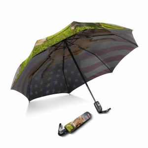 Φορητό μάρκετινγκ αδιάβροχο προσαρμοσμένη εκτύπωση 2 τμήμα fiberglass πλευρά ανοιχτό και κλειστό 3 φορές fold ομπρέλα