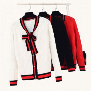 Χονδρική Cardigan Striped άκρες με Butterfly Knot Κυρίες Φθινόπωρο χειμώνα πουλόβερ