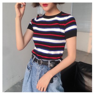 Καλοκαιρινά Thin Mutiful Stripes Γυναικεία Πουλόβερ πουλόβερ με κοντό μανίκι