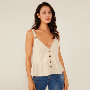 Καλοκαίρι Devep V Κορίτσια Sexy αμάνικο Top Σχεδιασμός μόδας Λευκό Αμάνικο μπλουζάκι Lady Blouse