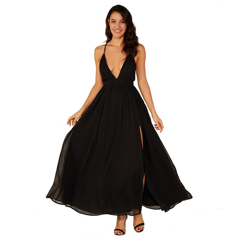 Υψηλής ποιότητας βαθύ V μαύρο βραδινό Maxi φόρεμα σιφόν σέξι κομψό φόρεμα