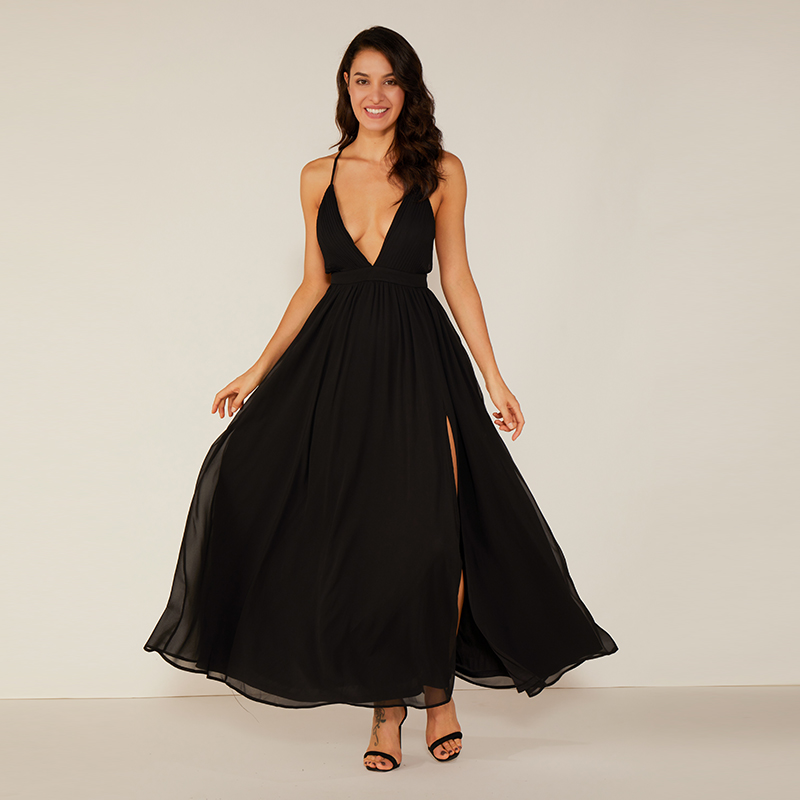 Υψηλής ποιότητας βαθύ V μαύρο βραδινό Maxi φόρεμα σιφόν σέξι κομψό φόρεμα