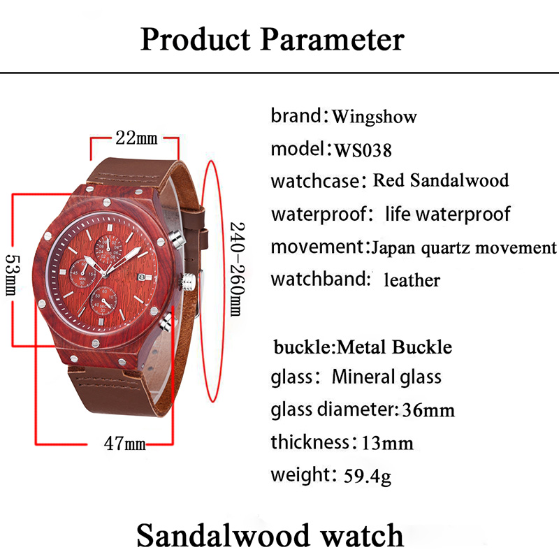 2019 Νέο κόκκινο μαλακό δερμάτινο λουράκι Sandalwood Dial καρπό ρολόι ξύλου