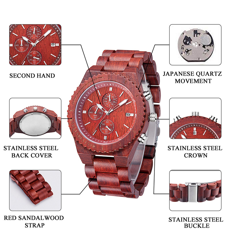 Κόκκινο σανδαλόξυλο αδιάβροχο ρολόι με ημερομηνία εμφάνιση ρολόγια μόδας χαλαζία