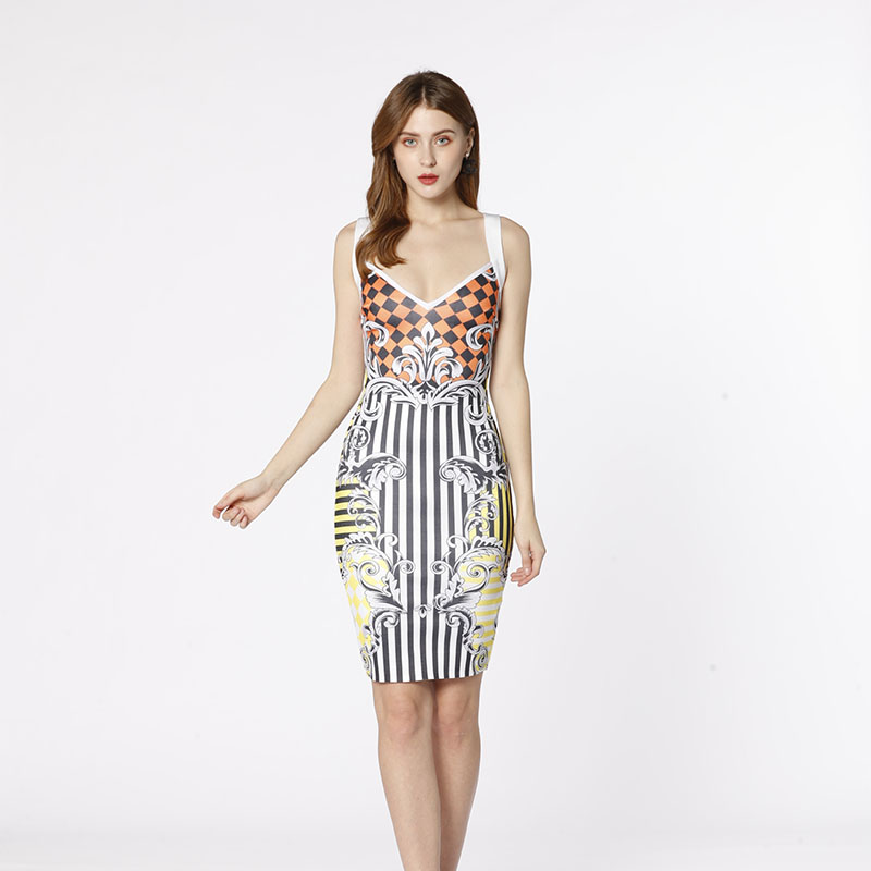 OEM εργοστάσιο κυρία τελευταίο σχέδιο κομψό v λαιμό ολίσθησης σταυρό λουρί εκτύπωσης σέξι φόρεμα επίδεσμο bodycon για βραδινό σύλλογο...