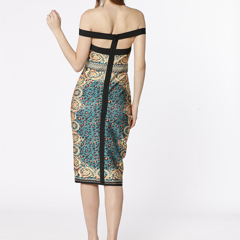 Προσαρμοσμένο πράσινο κούφιο έξω από το αποτύπωμα του ώμου λεοπάρδαλη γυναίκες βραδυνό πάρτυ σέξι επίδεσμος