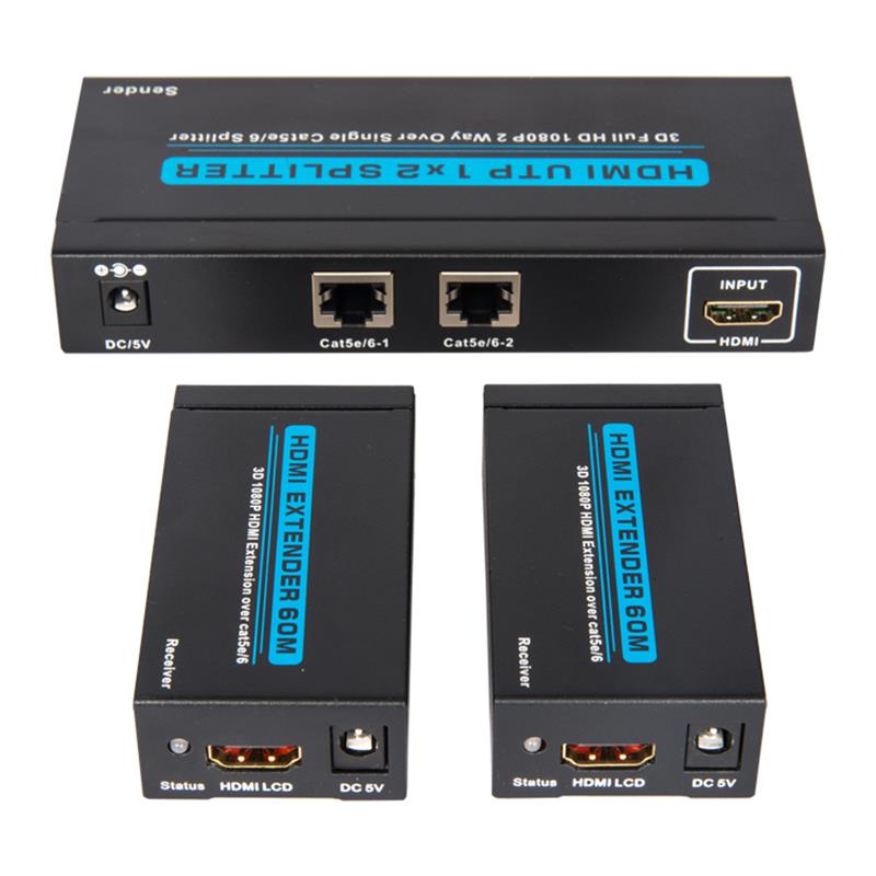 2 θύρες UTP HDMI 1x2 Splitter Over Single Cat5e / 6 Με 2 δέκτες έως 60m