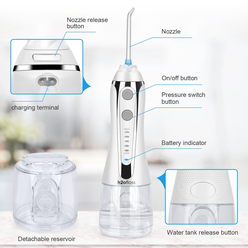 H2Floss Water Professional Flosser Professional Επαγγελματικό αλυσοπρίονο οδοντικό πότισμα - Φορητό και επαναφορτιζόμενο IPX7 αδιάβροχο πλύσιμο με δόντ...