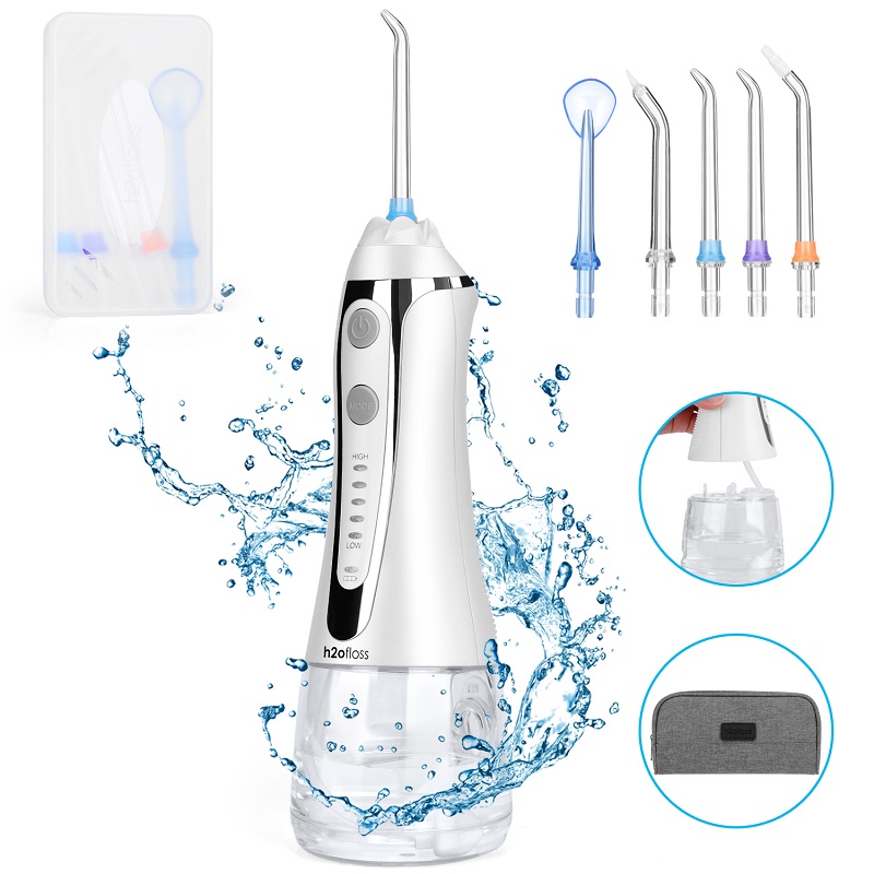 H2Floss Water Professional Flosser Professional Επαγγελματικό αλυσοπρίονο οδοντικό πότισμα - Φορητό και επαναφορτιζόμενο IPX7 αδιάβροχο πλύσιμο με δόντια για καθαρισμό δοντιών, 300 ml απομονωμένο σπίτι και ταξίδι (HF-2)