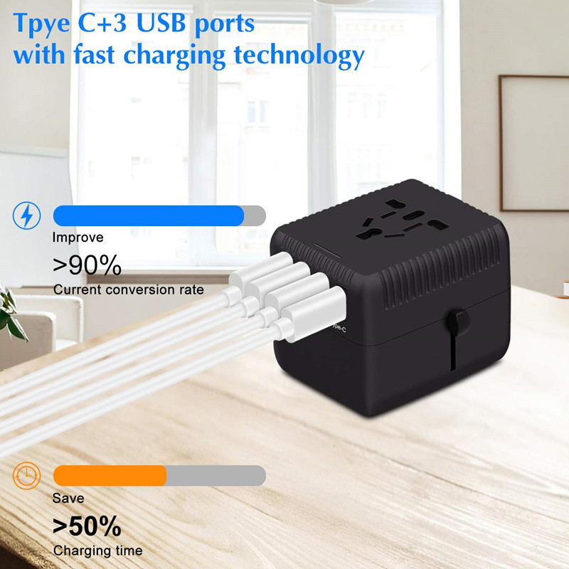 PD Universal προσαρμογέας ταξιδίου Ένας διεθνής φορτιστής τοίχου AC Plug Adapter με 5A Smart Power και και 3.0A USB Type-C για τις ΗΠΑ EU UK AUS