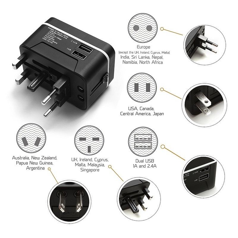 Προσαρμογέας ταξιδίου RRTRAVEL, Universal Universal Power Adapter με 2 θύρες USB και Ευρωπαϊκό προσαρμογέα Plug, Καλό για φορητό υπολογιστή κινητού τηλε...