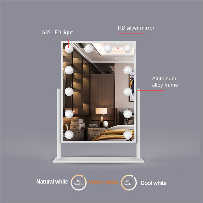 Τραπέζι 360 βαθμών Περιστροφή φωτισμένοι βολβοί υπνοδωμάτιο επικεφαλής ματαιόδοξο κορίτσι φόντο Χόλιγουντ καθρέφτης