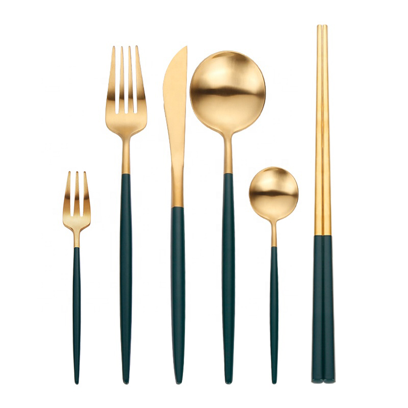 Πράσινο Χειριστήριο Ατσάλινο Γάμος Πλήρες εστιατόριο Matte Gold Spoon Fork Knife Cutlery Set