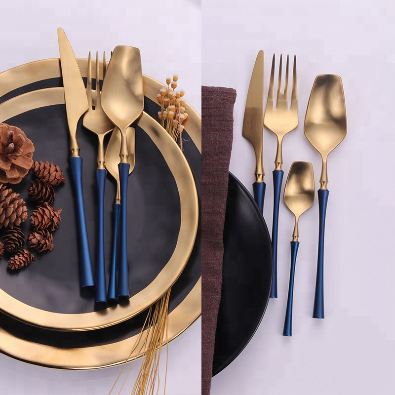 Μπλε χειρολαβές για ζωγραφική από λεπτό σχήμα μέσης επίπεδης θήκης από χρυσό ανοξείδωτο χάλυβα μαχαιροπήρουνα