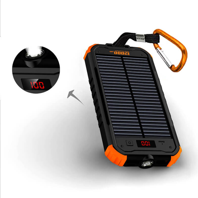 12000mAh Led Flashlight Solar Power Bank with LCD Digital Display