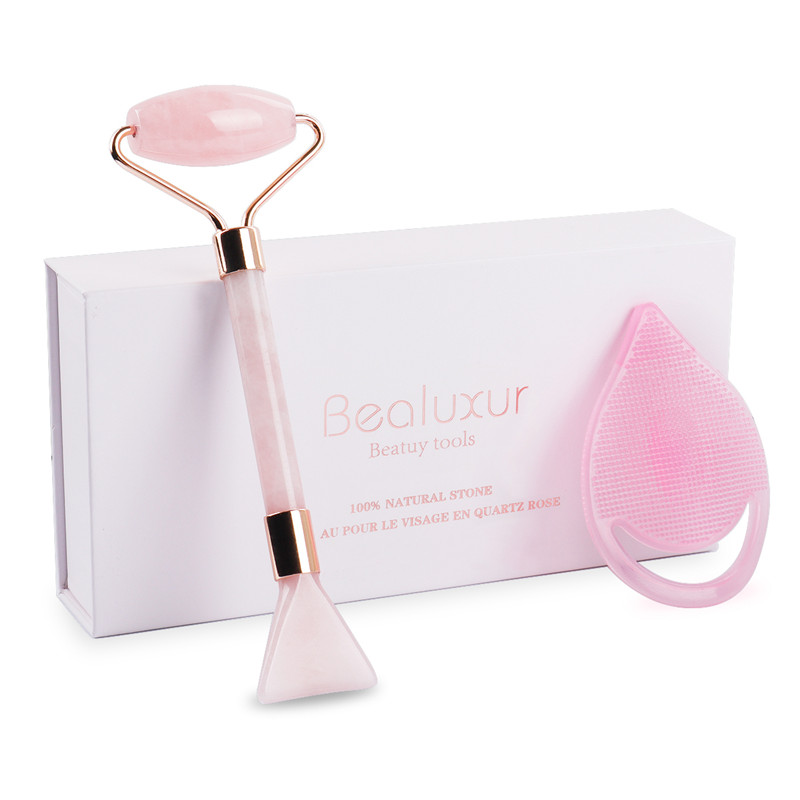 Jade Roller, 100% Rose Quartz Roller, Scraping Plate, και Mask Brush and Face Cleaning Brush 4 Functal Face Eye Neck Body