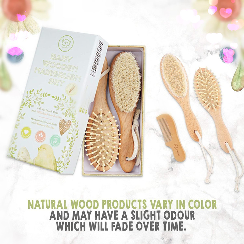 Τρεις τεμάχια Ξύλινη Βούρτσα Μαλλιών και Σετ Χτενίσματος (3 Τεμάχια) για Νεογέννητα και Νήπια, Φυσικές Μαλακές Τρίχες για Καπάκι Κ...