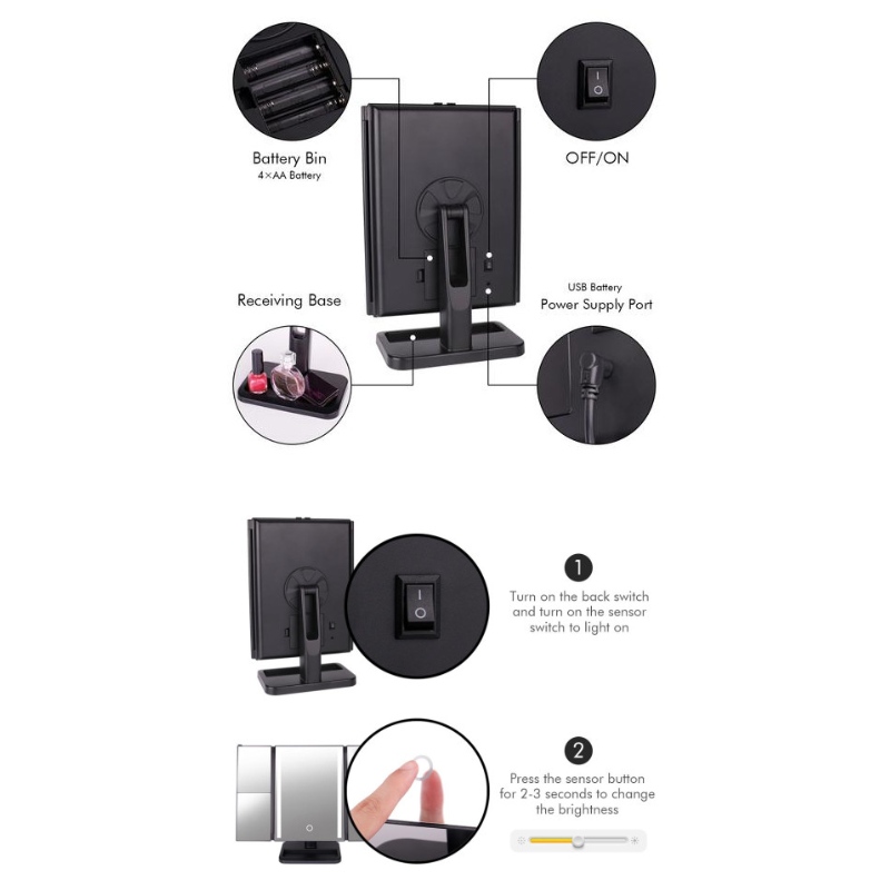 BEALUXUR Φωτισμένος καθρέφτης μακιγιάζ Trifold, LED πτυσσόμενος διακόπτης οθόνης αφής 1X 2X 3X 10X μεγεθυντικός καθρέφτης μακιγιάζ, διπλή τροφ...