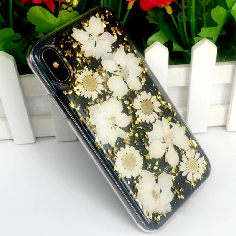 Άμεσο iPhone κατασκευαστή με κόλλα χρυσού φύλλου φύλλων αληθινού αποξηραμένου λουλουδιού με ανάγλυφη θήκη TPU μήλο