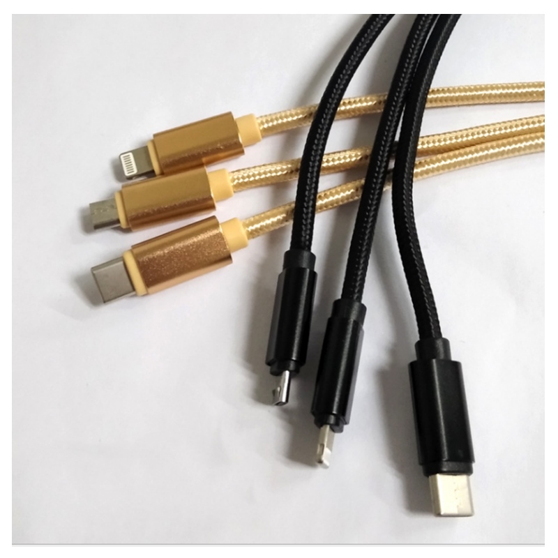 Γραμμή δεδομένων κινητής τηλεφωνίας 2A ριγέ νάιλον πλεξούδα κυλίνδρου τριών σε ένα ασφαλή γραμμή ταχείας φόρτισης δεδομένων