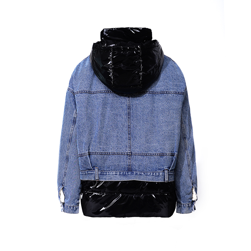 Κυρίες μου, γυαλιστερό ύφασμα με κουκούλα, δύο κομμάτια, ζεστό παλτό, κάτω γιλέκο.