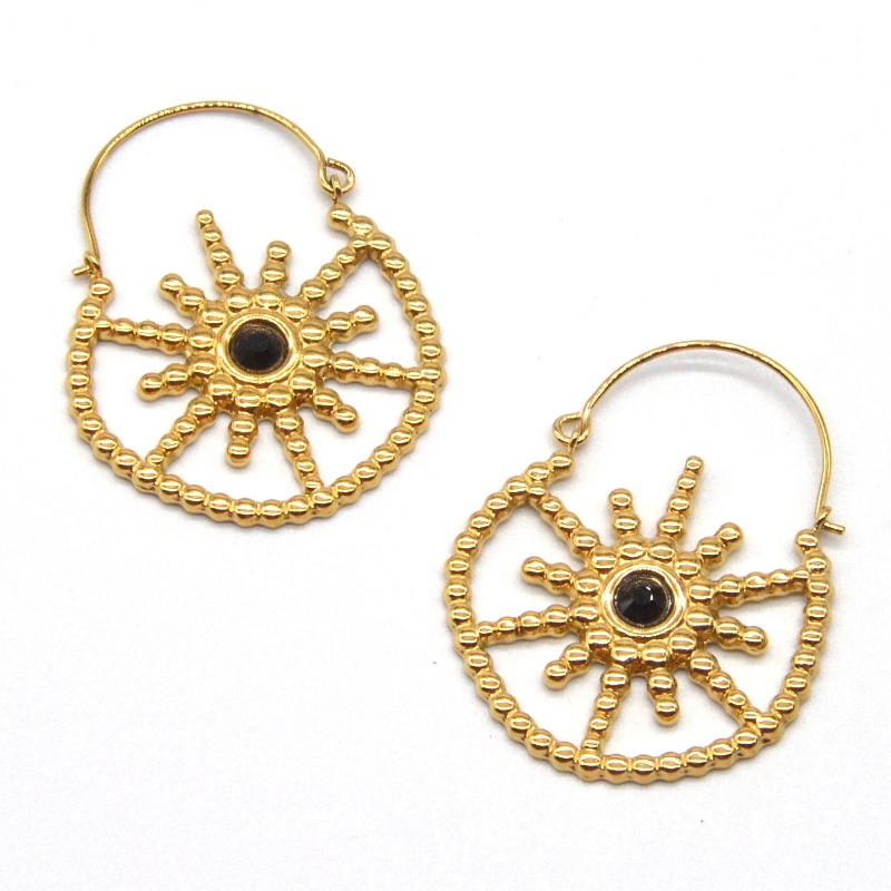 Γυναικεία επιχρυσωμένα κοσμήματα μποέμικο στυλ vintage floral σκουλαρίκια μαύρο αχάτη Κίνα εργοστάσιο επεξεργασίας κοσμημάτων Ruifanbao