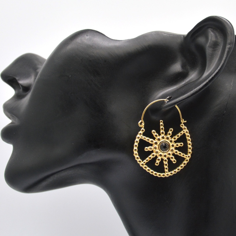 Γυναικεία επιχρυσωμένα κοσμήματα μποέμικο στυλ vintage floral σκουλαρίκια μαύρο αχάτη Κίνα εργοστάσιο επεξεργασίας κοσμημάτων Ruifanbao
