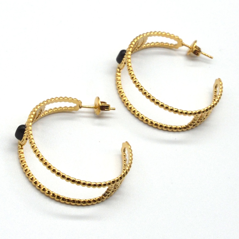 Χρυσά σκουλαρίκια, σκουλαρίκια σε σχήμα C, μαύρος αχάτης, ευαίσθητα γυναικεία αυτιά, υποαλλεργικά κοσμήματα, εργοστάσιο επεξεργα...
