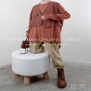 Χαλαρός σχεδιασμός Minimalist Round Collar style Stized μανίκι style Casual Solid color βαμβακερό και λινό υπερμεγέθη προσαρμοσμένα 19538 T-shirts+ Waistcoats