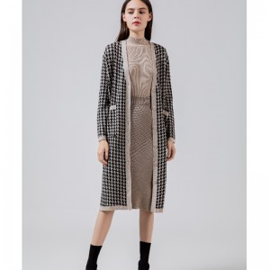 Μοντέρνο casual τζόκερ qianbirdcheck μαλλί πλεκτό μακρύ cardigan παλτό 69069#