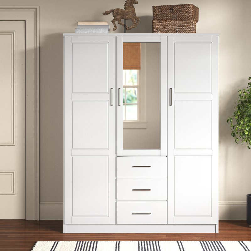 MWD22008-Solid Wood Family Wardrobe/closet/closet, 3-πόρτα Ντουλάπα με καθρέφτη και 3 συρτάρια, λευκό.