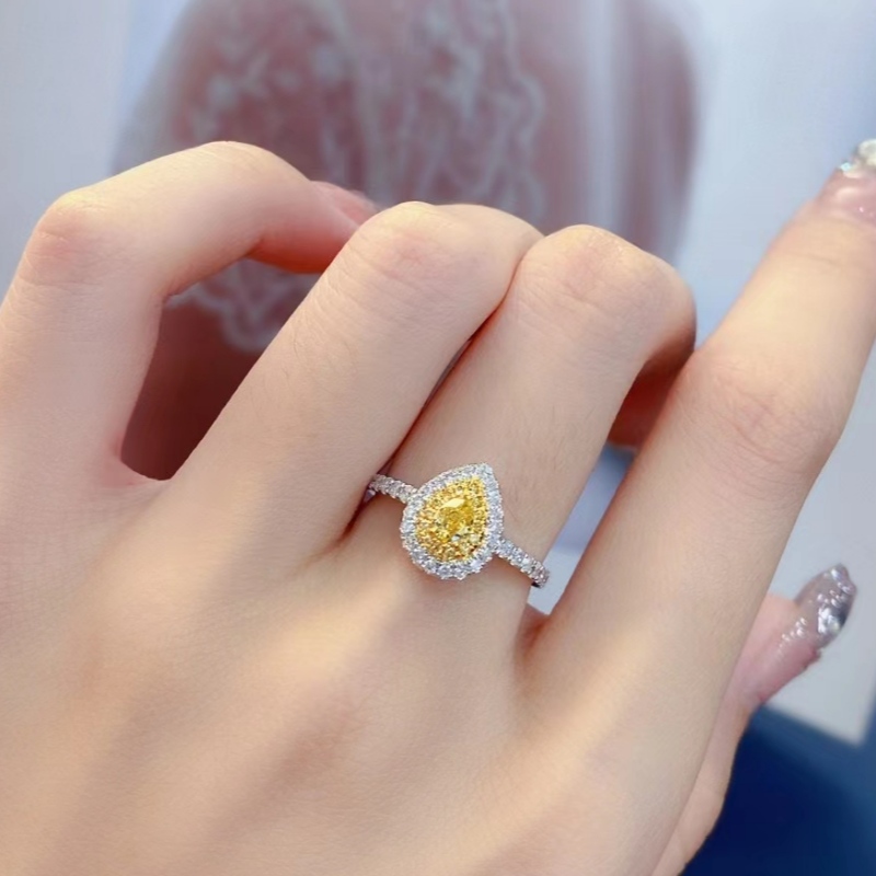 18Κ στερεό χρυσό 0.65ct νερό πτώση κίτρινο διαμάντι πέτρα 1,9 g δαχτυλίδι αρραβώνων για κορίτσι