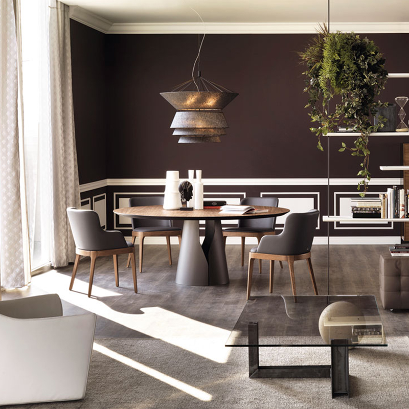 σκανδιναβικός χώρος εξοικονόμηση χάλυβα βάθρο καρυδιού στερεό ξύλο στρογγυλό τραπεζαρία σετ 6 θέσεις