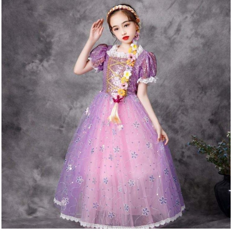 Baige European Style Princess Dress Halloween Party Wear Rapunzel Fluffy Mesh Frock