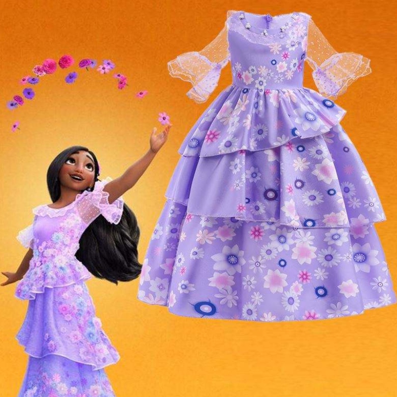 Hot Sale Kids Encanto Movie Costume Isabella Cosplay Purple Floral Girls Silk Maxi Long Dress