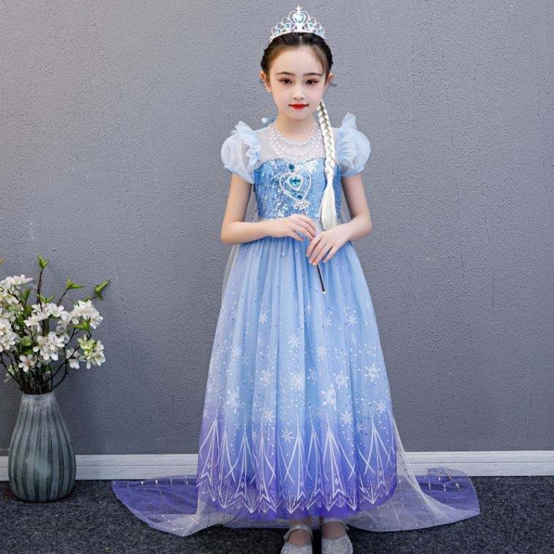 Baige 2021 Νέο μπλε Elsa Anna Girl Party Dress Cosplay Dresses Up Princess με χειροποίητο κολιέ και Long Cape
