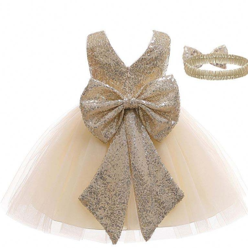 Baige νέα άφιξη sequined τόξο καλοκαίρι παιδικά ρούχα γενεθλίων φόρεμα με κεφαλόδεσμο