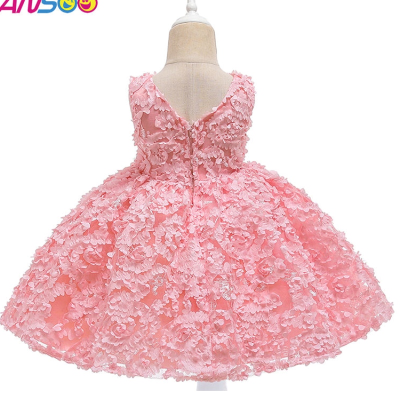 Ansoo 3 χρώματα Εργοστάσιο Προσαρμογή Rose Πρώτα γενέθλια φόρεμα παιδιά κοριτσάκι λουλούδι λουλούδι πριγκίπισσα νυφικά ροζ φορέματα για παιδιά