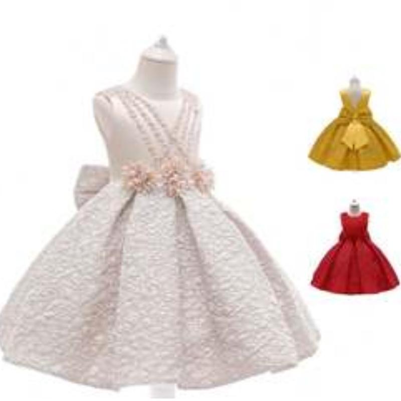Baige νέο σατέν λουλούδι κορίτσι πριγκίπισσα φόρεμα παιδιά μωρό πάρτι γαμήλια νυφική ​​μπάλα φόρεμα L5252