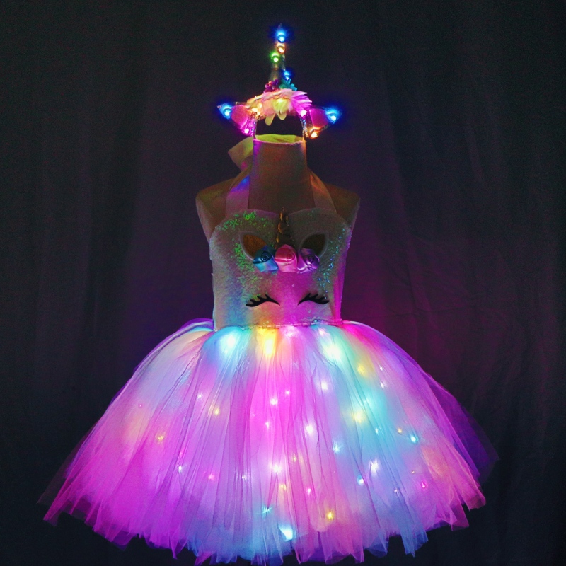 2022 παιδιά κορίτσια χαριτωμένα κοστούμια Unicorn με LED Light Up Dress για αποκριές γενεθλίων δώρο μανίκι Frock Children Clothing