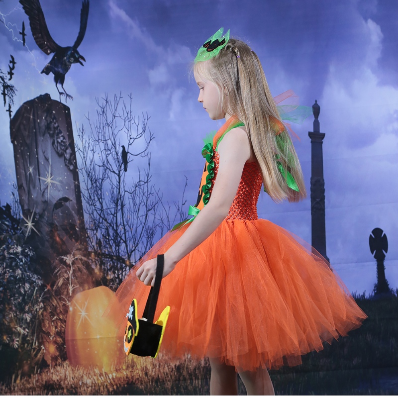 Amazon Hot Selling Kids Girl Halloween Dress Pumpkin Mesh Tulle Tutu Dress