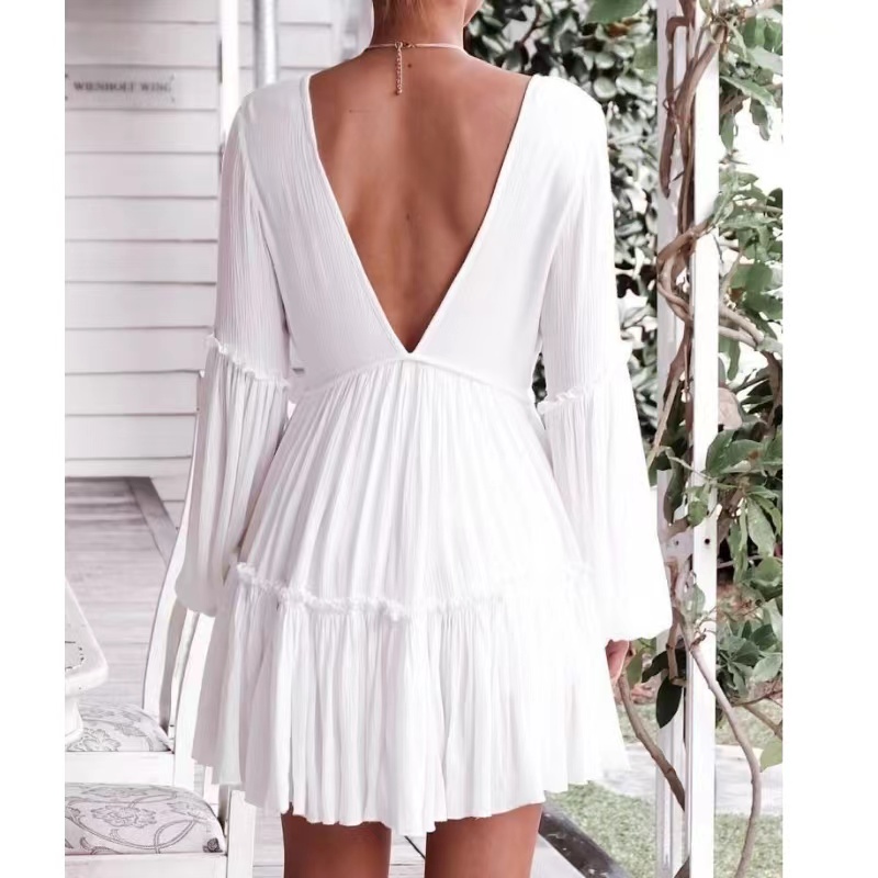 Καλοκαίρι μόδα λευκό V-neck φανάρι φόρεμα φόρεμα χαλαρά γυναικεία φόρεμα