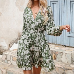 Bohemia beachwear φόρεμα γαλλικό σέξι βαθιά V-neck floral εκτύπωση μέσης-skimming διακοπές φορέματα για τις γυναίκες