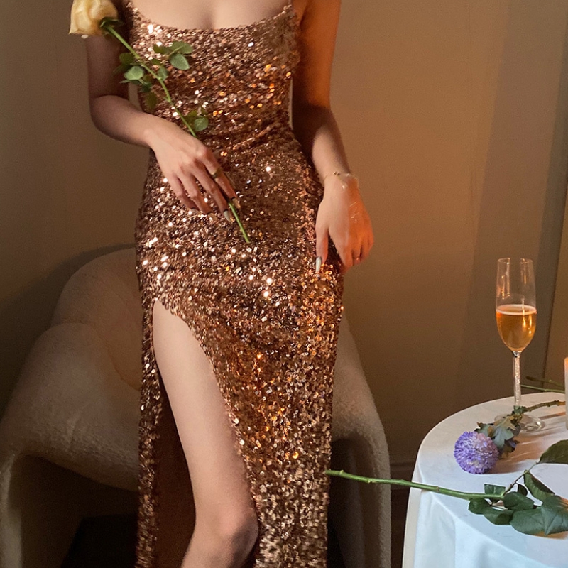 Σαμπάνια σέξι ελαφρύ πολυτελές high-end party sequin halter φόρεμα φωτεινό φόρεμα φόρεμα φούστα φούστα φόρεμα