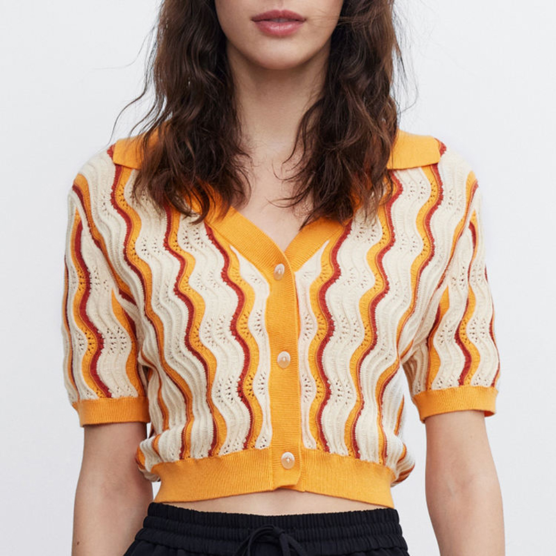 2023 New Design Custom Γυναίκες \\ 's knitwear v λαιμό χαλαρό στερεό χρώμα άνοιξη καλοκαίρι μπλουζάκια κοντό μανίκι πλεκτό πουλόβερ ζακέτα