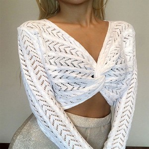 Το White V-Neck Pullover έβγαλε το μακρύ μανίκι της μόδας Show Thin Sexy πλεκτά γυναικεία πουλόβερ