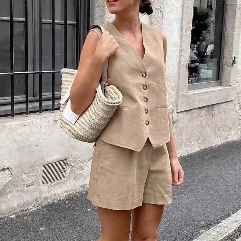 Ευρωπαϊκό και αμερικανικό στυλ καλοκαιρινό νέο casual sleeveless v-neck vest γιλέκο σορτς