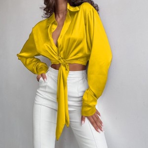 Casual Silk Satin Texture Lapel Longed Top