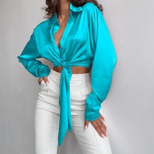 Casual Silk Satin Texture Lapel Longed Top